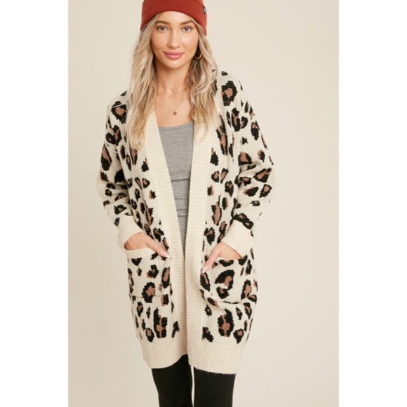 SOLD OUT Oatmeal Leopard Animal Print Open Front Knit Long Sleeve Casual - Picture 3 of 11